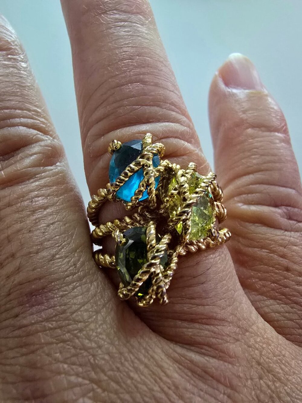 Vintage Gold Tone Multi Color Gemstone Rope Twist Chunky Statement Ring Size 8